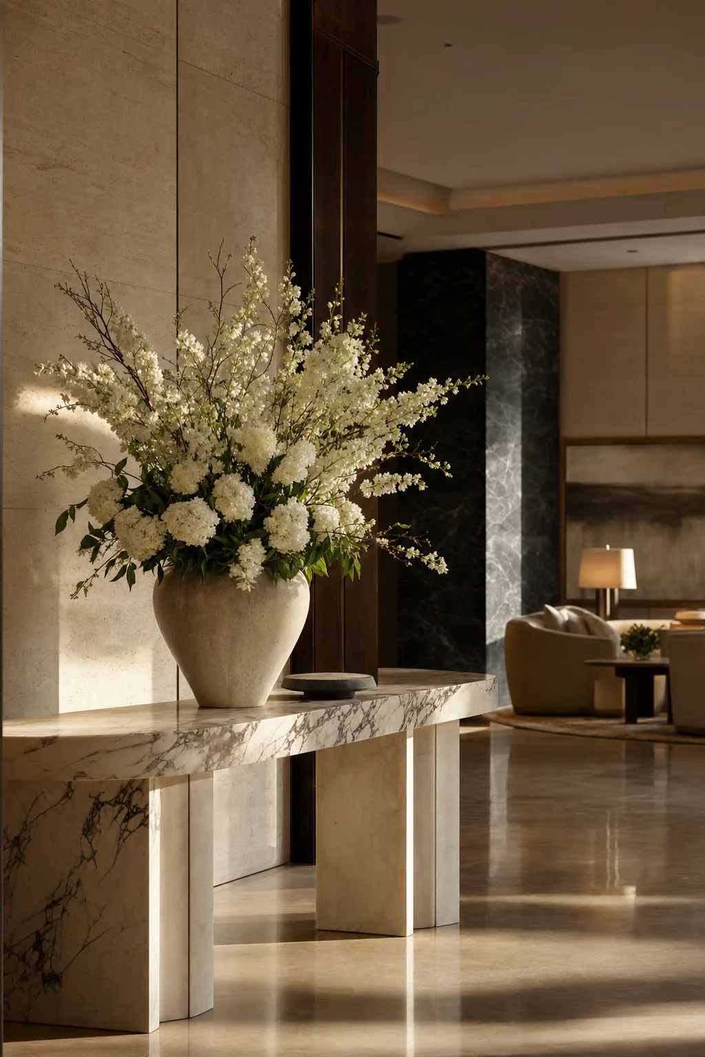 A tall clear vase of fragrant flowers in a luxury hotel lobby.
