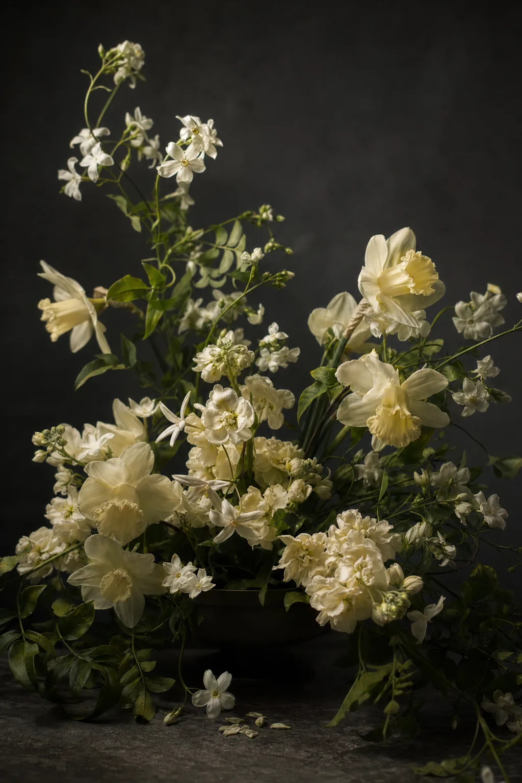 A loose seasonal bunch of fragrant white flowers on a dark surface.